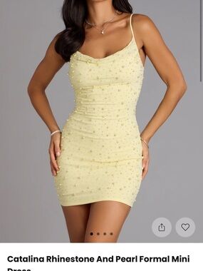Windsor Pale Yellow Rhinestone & Pearl Embellished Mini Dress